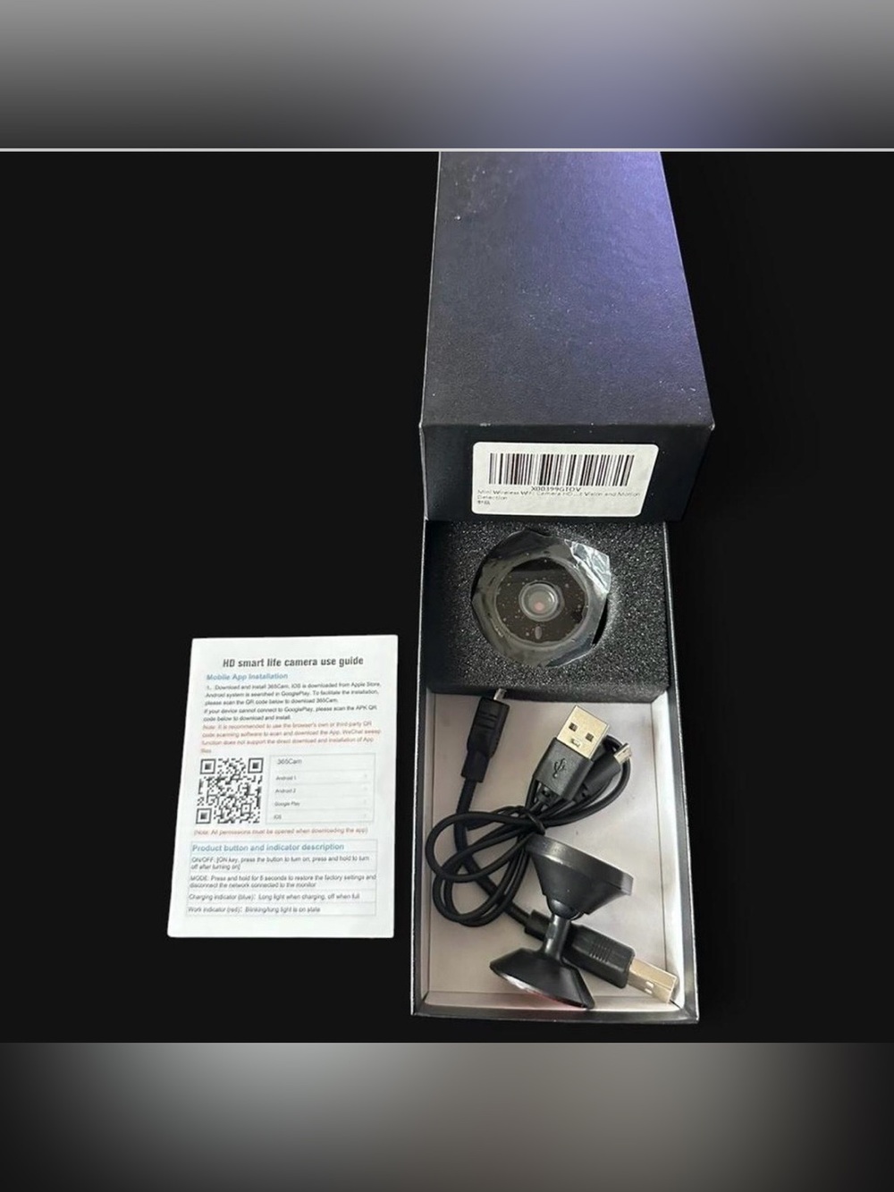 Compact Black WiFi Security Camera with USB Cable
